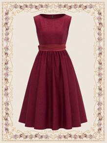 Vintamour Vestido de verano elegante y vintage para mujer con silueta ajustada y acampanada, vestido de paraguas de jacquard, con cinturón y detalles de lazo, vestido de verano para mujeres, vestido de chaleco, vestido de concierto para mujeres, vestido de boda para mujeres, vestido burdeos, atuendos de despedida de soltera, vestido de profesora, atuendos para salir, vestidos rojos para mujeres, vestidos de regreso a casa, vestido de fiesta/graduación - Burdeos - Ver 3