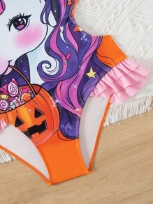 Tween Girl's Cartoon Printed One-Piece Swimsuit With Spaghetti Straps, Ruffle Detailing And Open Back - Multicolor - View 3