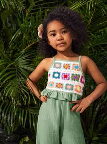 SHEIN Jumpsuit für Kleine Mädchen, handgewebtes Farbblock Crochet Tape ärmelloses lockeres Lässig kleid