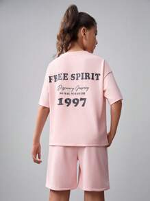 SHEIN Tween Girls' Loose Casual Sports Round Neck Short Sleeve T-Shirt And Shorts Set With Letter Print - Pink - View 2