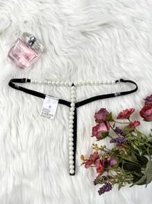 SpicyHot 1pc Faux Pearl Sexy Thong For Women Faux Pearl Accessories For Rave For Going Out - Black and White - View 4
