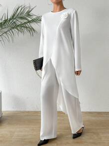 Chiquease Handmade Flower Round Neck Long Sleeve Asymmetrical Hem Blouse & Pants Set - White - View 7
