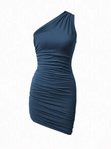 Đầm Bodycon xếp nếp cổ bất đối xứng - Màu xanh lam - Xem 3