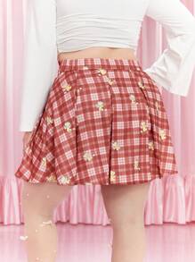 CARDCAPTOR SAKURA | SHEIN Plus Size Autumn Cute Casual Sweet School Style Red Plaid Cartoon Print Pleated Loose A-Line Skirt