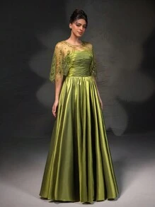 Novo conjunto de vestido elegante e vestido longo com xale de renda verde-oliva - Verde Oliva - Visão 4