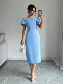 Elenzga 夏季纯色泡泡袖开衩淡蓝色连衣裙长款女装