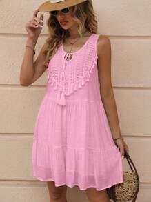 Breezaya Solid Color Sleeveless Ruffle Trim Tie Front Pleated Dress, Casual & Vacation - Pink - View 4