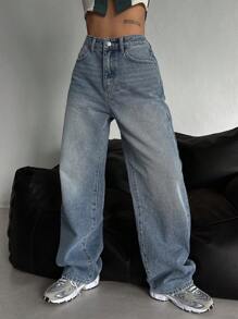 DAZY 斜口袋寬腳牛仔褲 - 中等水洗藍 - 查看 7