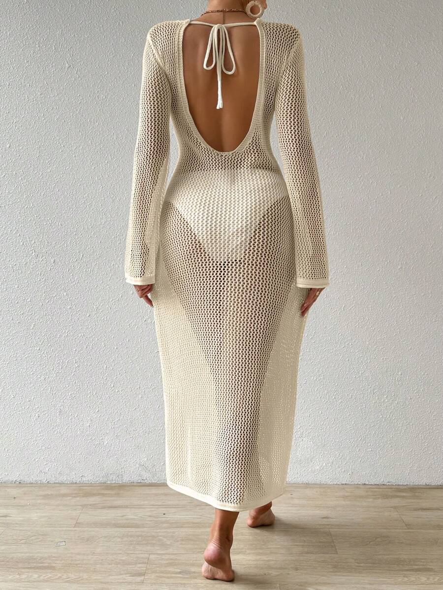 Swim Chiccia 夏季衣服女士圆领透视长袖游泳罩衫连衣裙夏季 - 杏色 - 查看 1