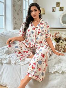 CottageSlumber Plus Size Women Bubble Wrinkle Printed Short Sleeve Button-Down Top & Long Pants Pajama Set - Multicolor - View 6