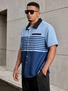 Manfinity Homme Camisa de verano para hombre con estampado de rayas y mangas cortas
