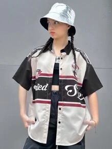 SHEIN Teen Girl's Contrast Color English Printed Pattern Turn-Down Collar Casual Shirt