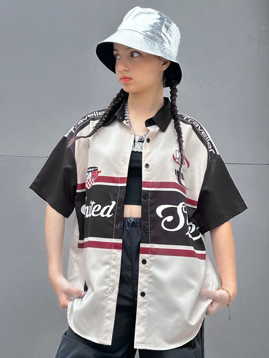 SHEIN Teen Girl's Contrast Color English Printed Pattern Turn-Down Collar Casual Shirt