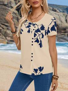 EMERY ROSE Floral Print Button Detail Blouse,Short Sleeve Tops
