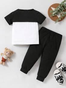 SHEIN Playful Pals Conjunto de ropa casual sencilla con bloqueo de color y manga corta para niño pequeño, primavera/verano - Multicolor - Ver 2