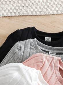 Baby Girl Casual Solid Color Knitted Top, Comfortable And Stretchy, Suitable For Layering, Autumn/Winter 4pcs Set - Multicolor - View 6