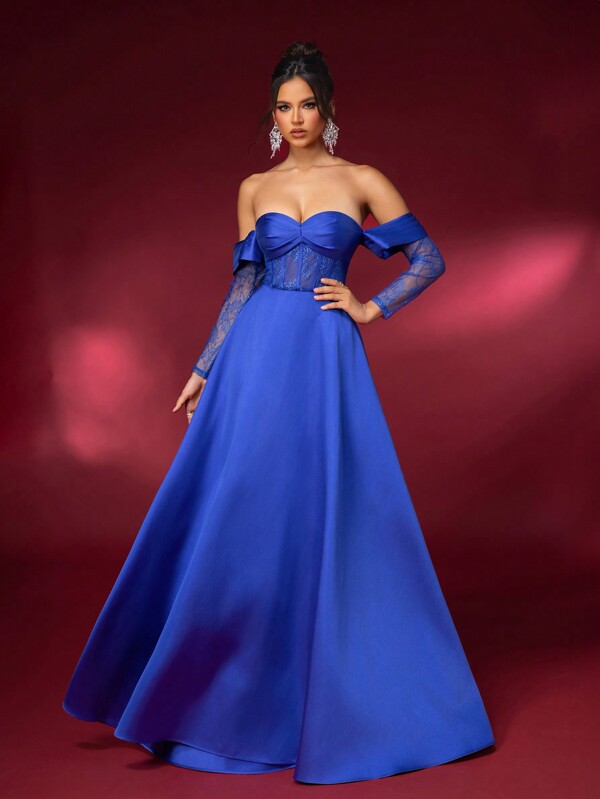 Glamrae Elegant Electric Blue Off-Shoulder Cups Waist Lace See-Through Detachable Long Sleeves Very Flared A-Line And Trail Back Tie Single Vacation Party Dating Graduation Season Wedding Event Gala Dress