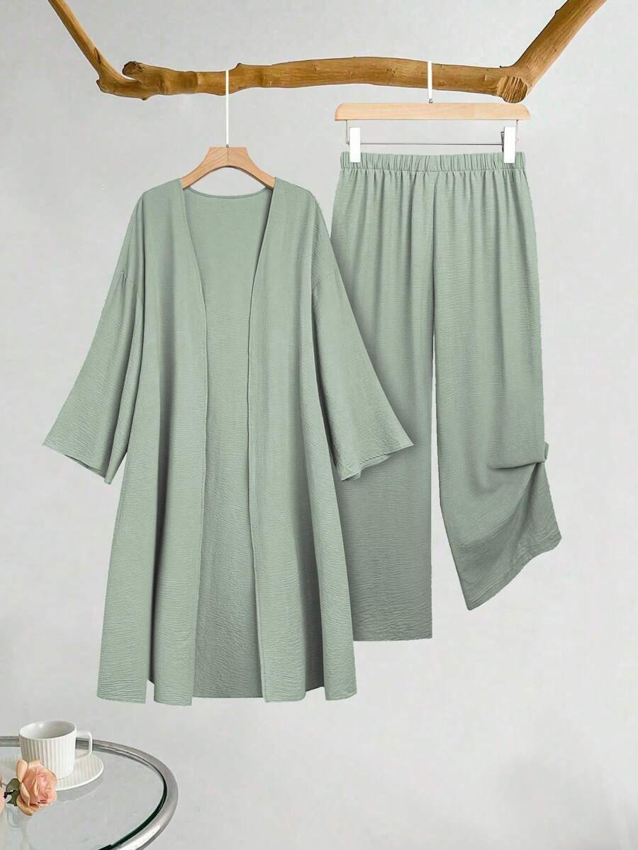SHEIN LUNE Bộ áo khoác và quần dài tay đơn giản hàng ngày dành cho nữ cỡ lớn màu trơn - màu xanh lá - Xem 1