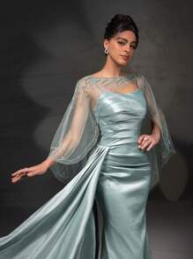 全新不对称蕾丝披肩优雅无袖连衣裙套装礼服套装