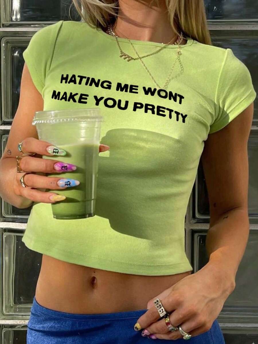 INAWLY Kvinnors sommarslogan tryckt rundhalsad kortärmad avskuren Casual T-shirt HATAR MIG KOMMER INTE GÖRA DIG GÄTT SNYGG Grafiska T-shirts Dam Toppar - Grön - Visa 1