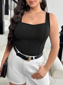 SHEIN Frenchy Women's Plus Size Solid Color Fishbone Press Line Camisole Summer  Top - Black - View 5