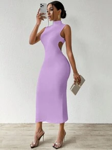 VaVaBold Solid Color High Neck Sleeveless Backless Dresses For Women