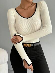 Celisse Black Edged, Split Cuff, Slim Fit Women's Casual Sweater,Long Sleeve Tops Knit Pullover Fall Winter Outfit - Apricot - View 6