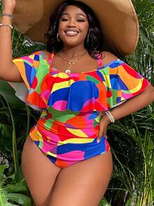 Slaydiva Plus Size Summer Beach Print Ruched Lace Off Shoulder One-Piece Swimsuit - Multicolor - View 3