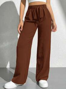 SHEIN PETITE Solid Color Tie Waist Wide Leg Pants, Long - Brown - View 6
