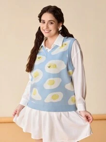 Gudetama X SHEIN Plus Size Cute Egg Printed V-Neck Sweater Vest - Blue - View 6