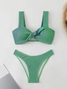 Women's Summer Beach Contrast Striped Bikini Set With Twisted Chest Design - Green - View 3