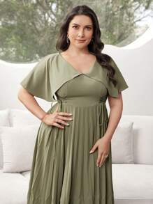 Modelyn Plus Size Women's Solid Color V-Neck Ruffled Short Sleeve Waist Tie Elegant Dress, Summer - Olive Green - View 7