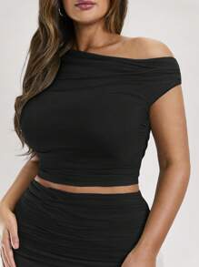 SHEIN BAE 大码女式夏季度假绿色不对称领褶弹力上衣和裙子套装大码两件套大码两件套大码裙子套装曲线两件套 - 黑色 - 查看 6