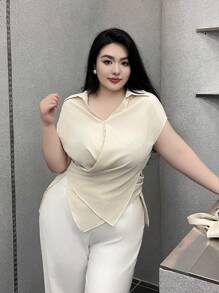SHEIN Clasi Plus Solid Asymmetrical Hem Blouse - Apricot - View 6