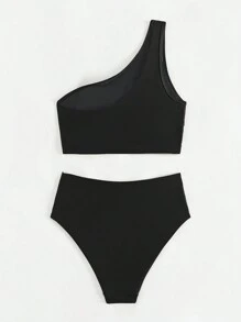 Swim Vcay Ladies' Summer Beach Solid Color Ruched One Shoulder Bikini Set - Black - View 2