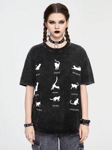 ROMWE Grunge Punk 復古洗水雪花布有趣貓印花女式寬鬆T恤 - 黑色 - 查看 2