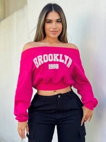 SHEIN SXY Letter Graphic Off Shoulder Fashion Sweatshirt,Long Sleeve Tops In Fall/Winter - Hot Pink - View 3