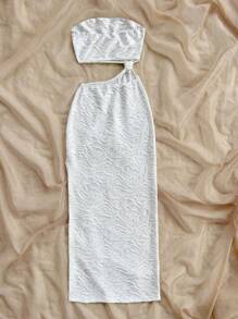 Soleia 女士度假露肩連衣裙，腰部切割和高開叉設計 - 白色 - 查看 2