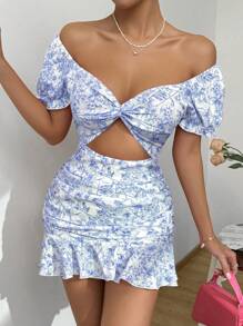 Breezaya 女士心形领全印花前结荷叶边下摆泡泡袖连衣裙 - 藍色 - 查看 7