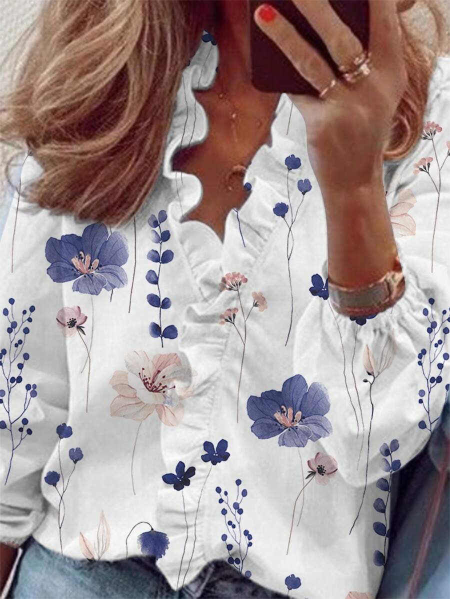 SHEIN LUNE 花卉印花V領荷葉邊上衣 - 紫色 - 查看 1