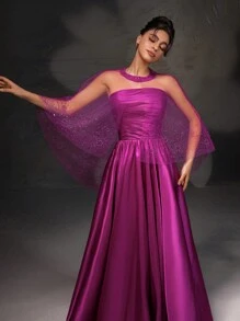 New Lace Open-Front Cape Dress Set In Elegant Rose Red - Hot Pink - View 4