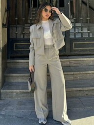 TRAFZA Women Simple Short Jacket Coat Casual Pants Suit