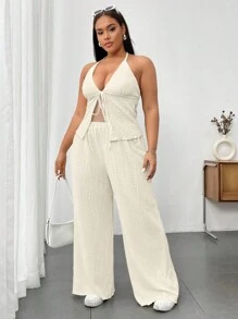 Maweii Plus Size Solid Color Texture Spaghetti Strap Top And Pants Set