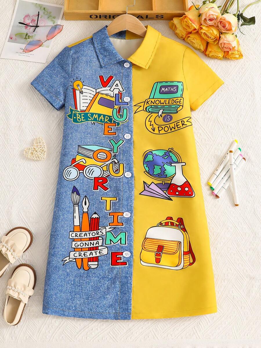 Tween Girls Cartoon Graphic Button Front Shirt Dress, School, Campus, College - Yellow - View 1