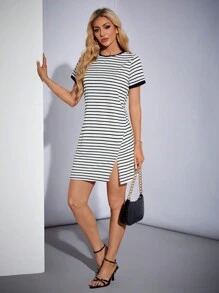 SHEIN Tall Women's Knitted Black And White Striped Mini Dress - Black and White - View 7