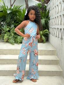 SHEIN 女孩印花荷葉邊繞頸喇叭連身褲 - 彩色 - 查看 4