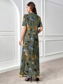 Al Najma Arabisches langes Kleid komplett mit Blumen Allover Muster und vorderen Knöpfen, langärmelig - Verschiedenfarbig - Übersicht 4