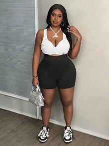 Plus Size Summer And Autumn Slim Fit High Waist Solid Color Cycling Shorts-G - Black - View 4