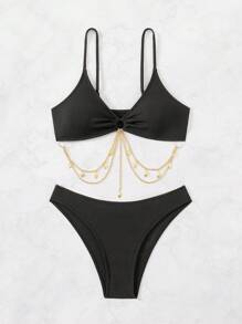 SHEIN Swim Women's Solid Color Circular-Ring Connected Sexy Bikini Set Black Bathing Suits For Summer Beach - Black - View 5