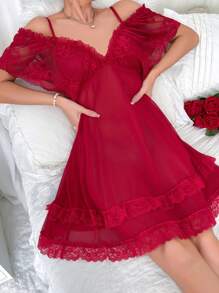 Slumberist Sexy Mesh Lace Women's Pajama Night Dress - Burgundy - View 3